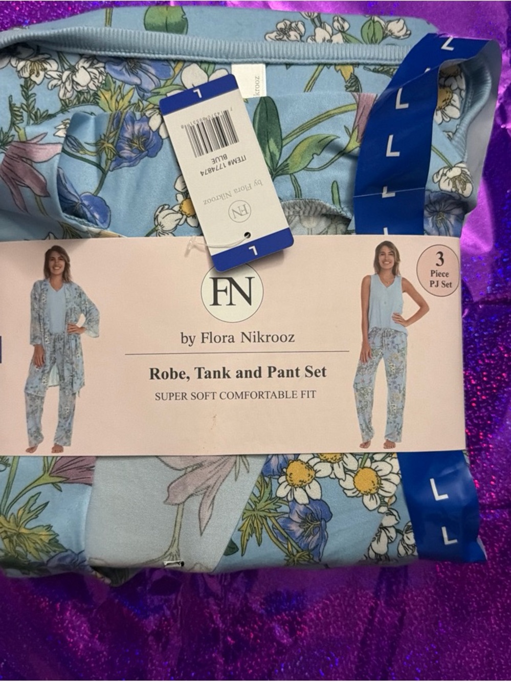 Flora Nikrooz Light Blue Floral Robe, Tank & Pants Pajama Set